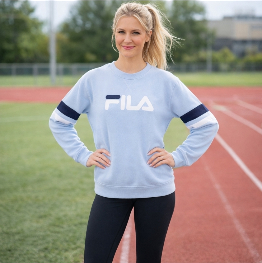 Fila Sky Blue French Terry Crewneck Navy/White Stripes Loungewear Top Sz L